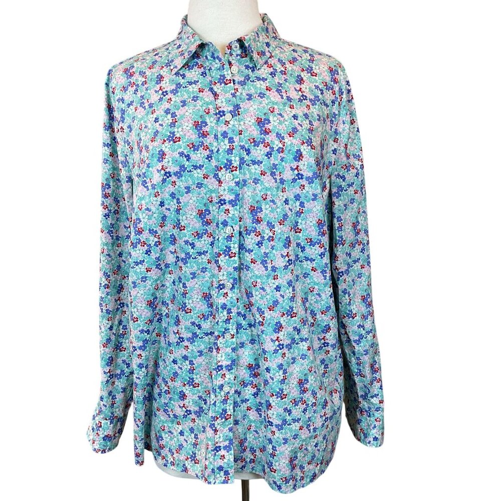 Talbots Long Sleeve Cotton Button-Front Shirt Lovely Ditsy Contrast Cuffs XL